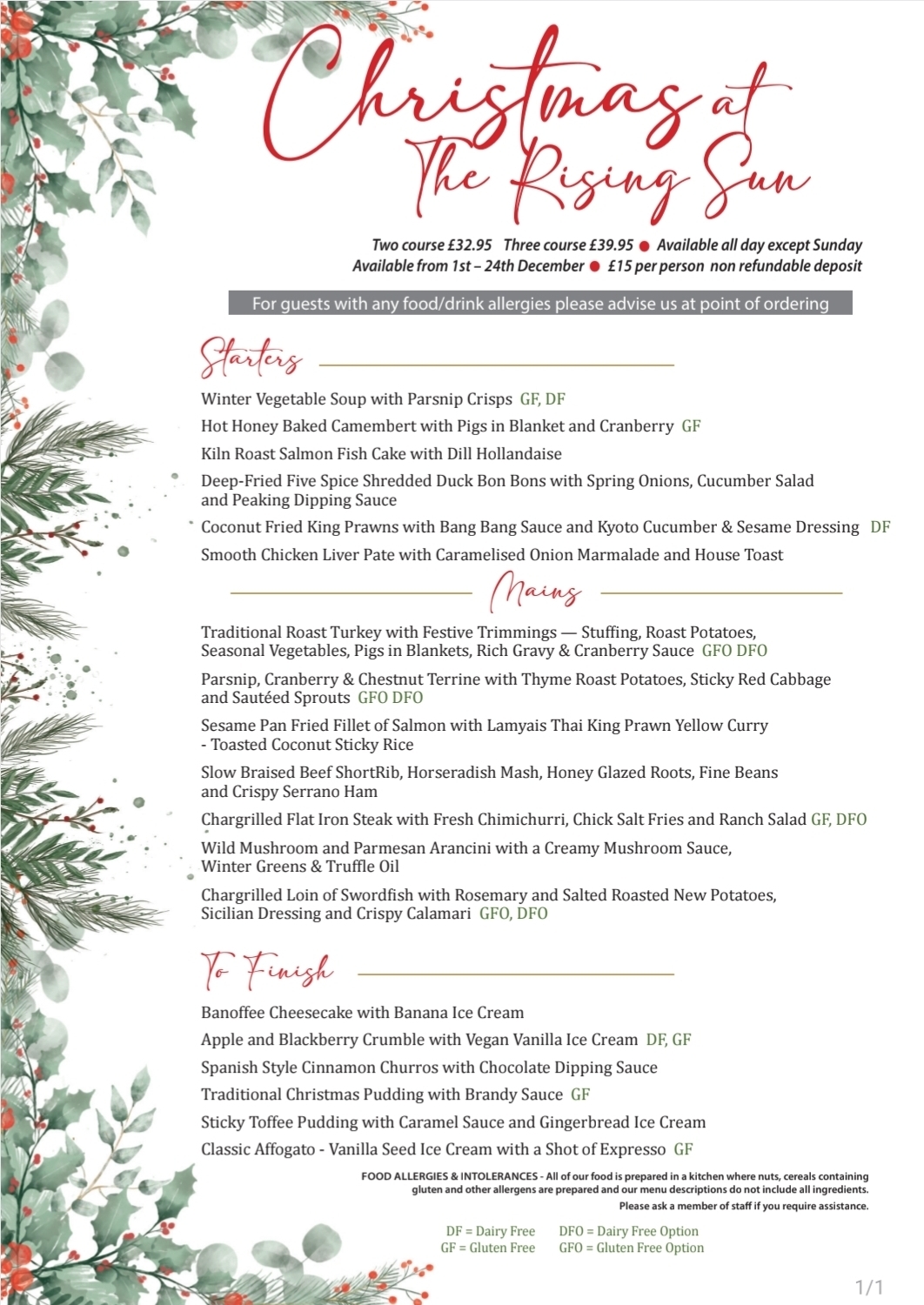 Rising Sun Christmas Menu 2026